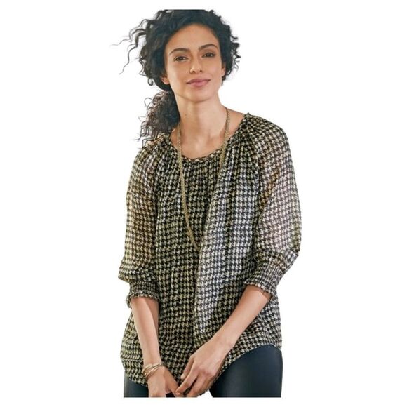 Soft Surroundings Ines Black Tan Metallic Blouse Top Women’s Large Houndstooth - Picture 2 of 9